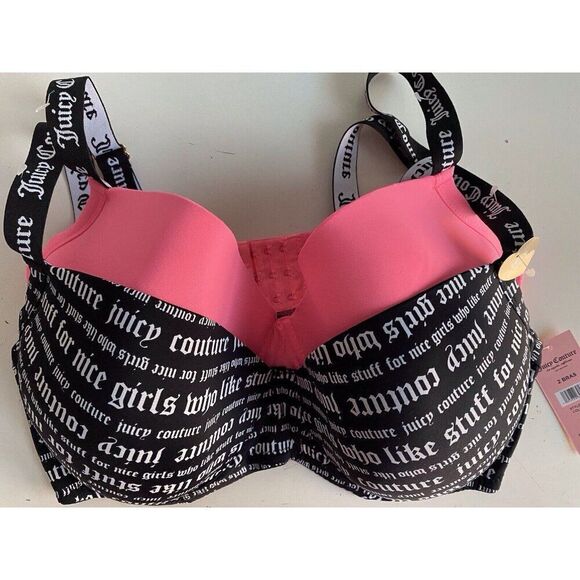 2 Pack Juicy Couture Sexy Push Up Bra JC8412 Wordplay Logo Black Pink Sz 40D NEW - Picture 6 of 9